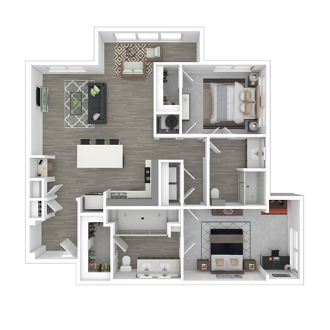A 3D floor plan of a house with a kitchen, living room, and bedrooms.